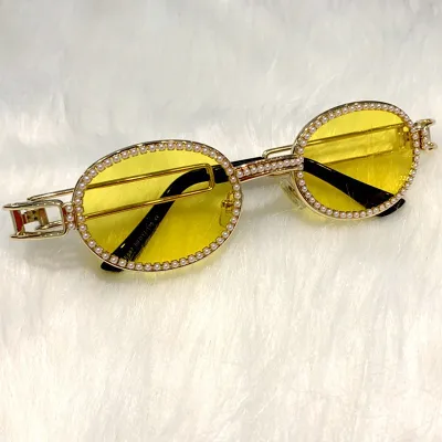 Fashion Small Round Rhinestone Decor Metal Frame Sunglasses