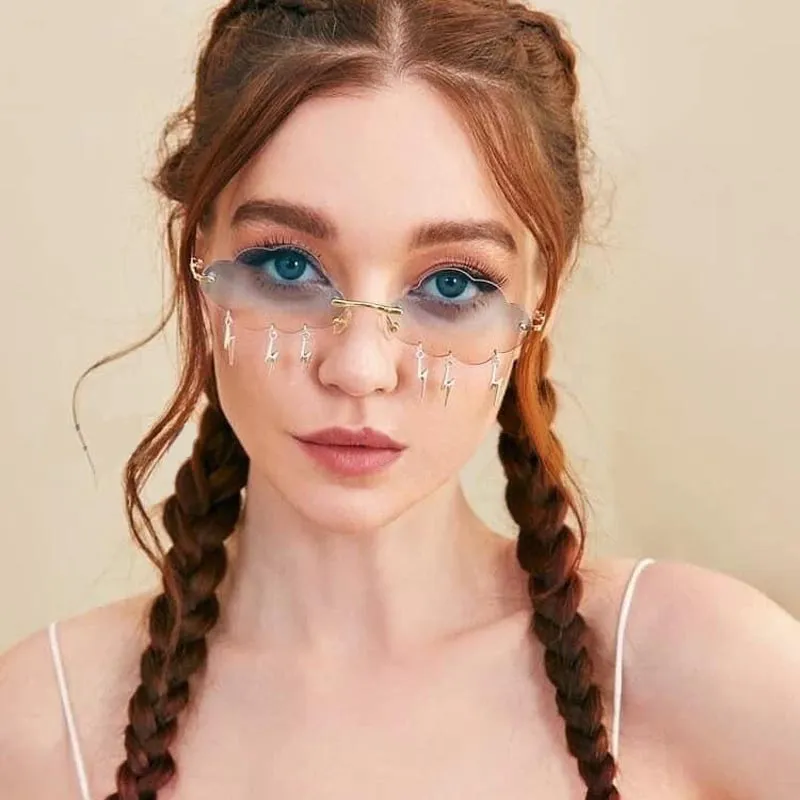 Retro Frameless Cloud Lightning Pendant Polygon Lady Sunglasses
