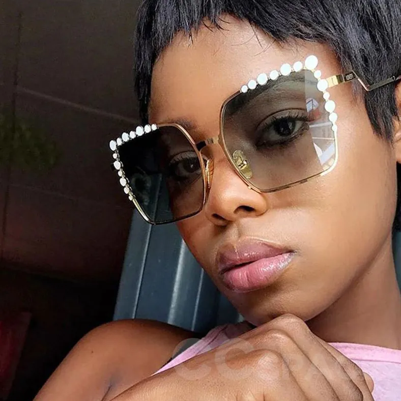 Stylish Pearl Decor Square Frame Sunglasses Women Fashion Metal PC