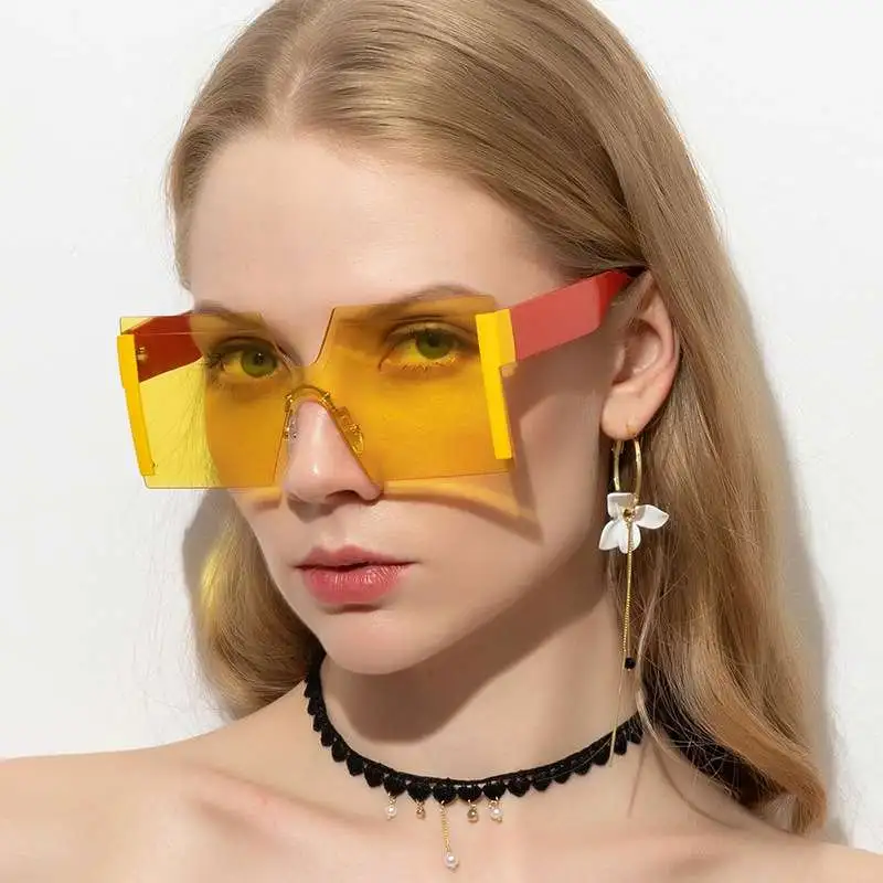 Women Fashion Siamese Frameless Vintage Sunglasses Square Frame PC AC Lens