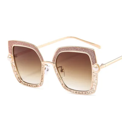 Retro Hollow Out Pearl Decor Metal Frame Square Sunglasses
