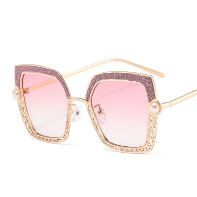 Retro Hollow Out Pearl Decor Metal Frame Square Sunglasses