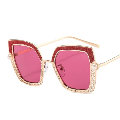 Retro Hollow Out Pearl Decor Metal Frame Square Sunglasses