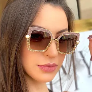 Retro Hollow Out Pearl Decor Metal Frame Square Sunglasses