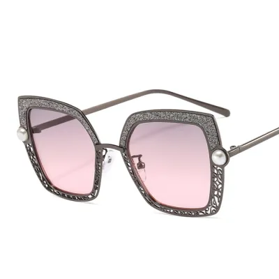 Retro Hollow Out Pearl Decor Metal Frame Square Sunglasses