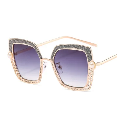 Retro Hollow Out Pearl Decor Metal Frame Square Sunglasses