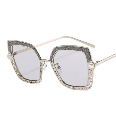Retro Hollow Out Pearl Decor Metal Frame Square Sunglasses