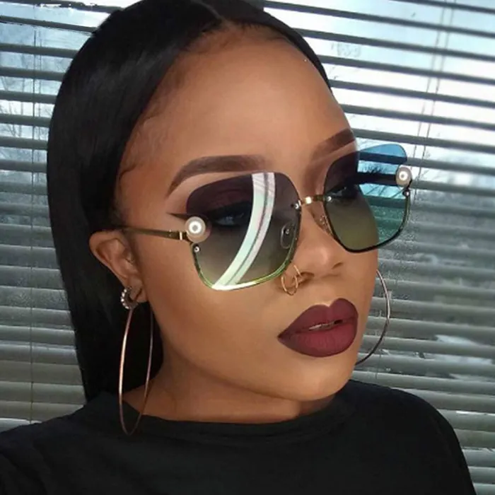 Retro Half Metal Frame Pearl Decor Square Sunglasses
