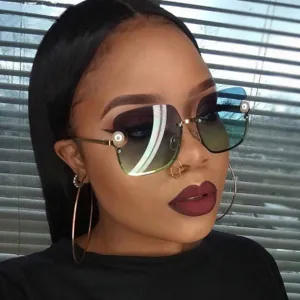 Retro Half Metal Frame Pearl Decor Square Sunglasses