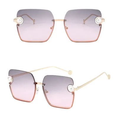 Retro Half Metal Frame Pearl Decor Square Sunglasses