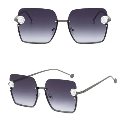 Retro Half Metal Frame Pearl Decor Square Sunglasses