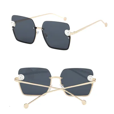 Retro Half Metal Frame Pearl Decor Square Sunglasses