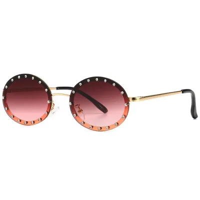 Fashion Oval Small Frame Rhinestone Decor Sunglasses
