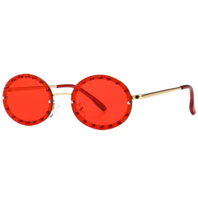 Fashion Oval Small Frame Rhinestone Decor Sunglasses