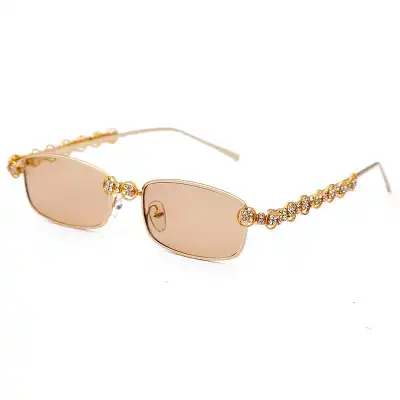 Retro Small Square Rhinestone Metal Frame Sunglasses