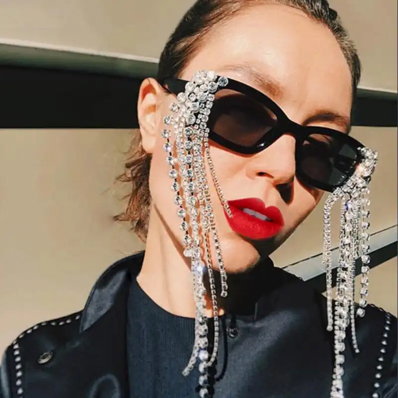 Fashion Square Frame Rhinestone Tassel Decoration Sunglasses
