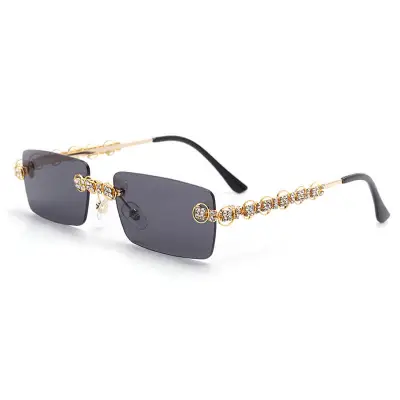 Fashion Rimless Rhinestone Decoration Sunglasses Metal Frame Square
