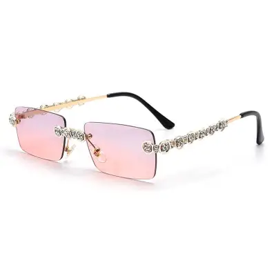 Fashion Rimless Rhinestone Decoration Sunglasses Metal Frame Square