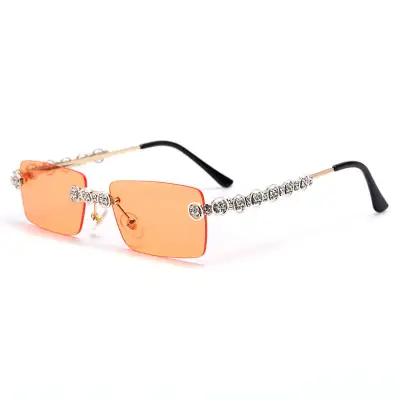 Fashion Rimless Rhinestone Decoration Sunglasses Metal Frame Square