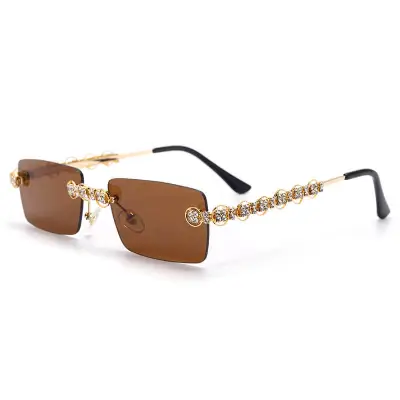 Fashion Rimless Rhinestone Decoration Sunglasses Metal Frame Square