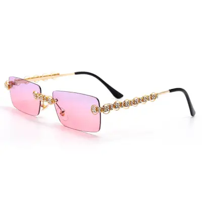 Fashion Rimless Rhinestone Decoration Sunglasses Metal Frame Square
