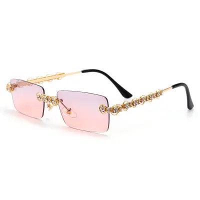 Fashion Rimless Rhinestone Decoration Sunglasses Metal Frame Square
