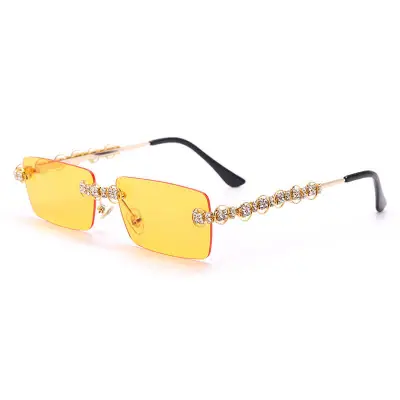 Fashion Rimless Rhinestone Decoration Sunglasses Metal Frame Square