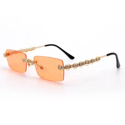 Fashion Rimless Rhinestone Decoration Sunglasses Metal Frame Square