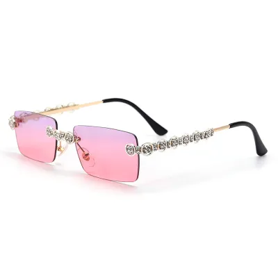 Fashion Rimless Rhinestone Decoration Sunglasses Metal Frame Square