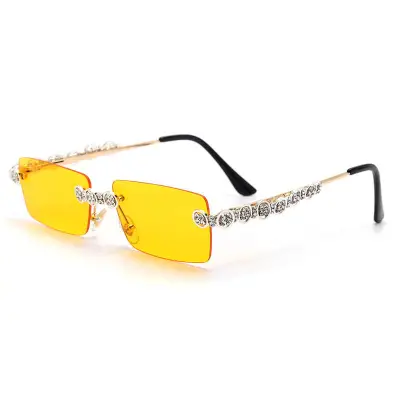 Fashion Rimless Rhinestone Decoration Sunglasses Metal Frame Square