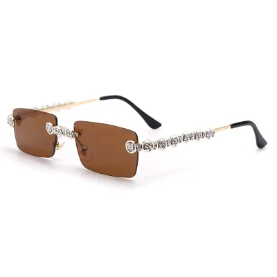 Fashion Rimless Rhinestone Decoration Sunglasses Metal Frame Square