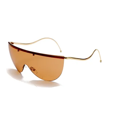 Unique One-piece Curved Temple Sport Sunglasses with Metal Frame and PC Lens