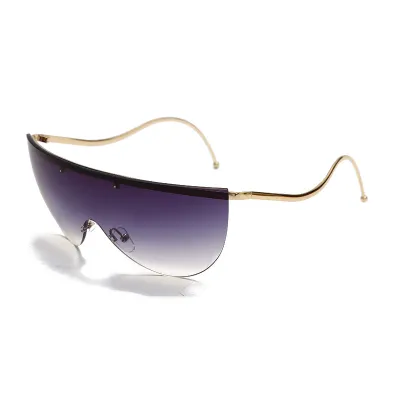 Unique One-piece Curved Temple Sport Sunglasses with Metal Frame and PC Lens