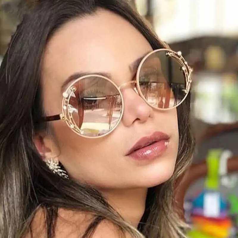 Elegant Round Frame Rhinestone Decoration Vintage Sunglasses