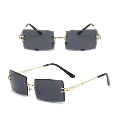 Fashion Square Rimless Design Sunglasses for Women Metal Frame Resin Lens