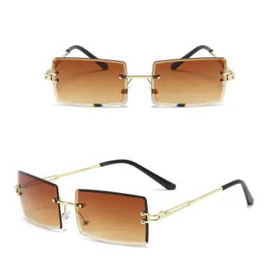 Fashion Square Rimless Design Sunglasses for Women Metal Frame Resin Lens