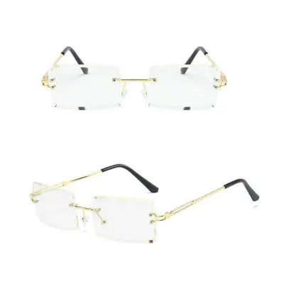Fashion Square Rimless Design Sunglasses for Women Metal Frame Resin Lens