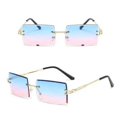 Fashion Square Rimless Design Sunglasses for Women Metal Frame Resin Lens