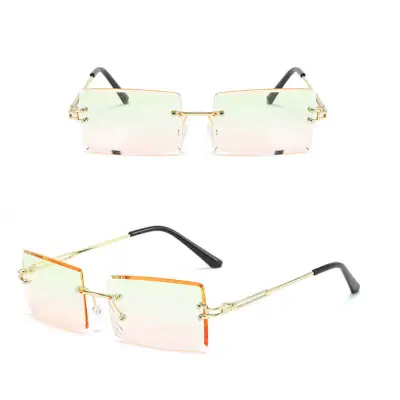 Fashion Square Rimless Design Sunglasses for Women Metal Frame Resin Lens