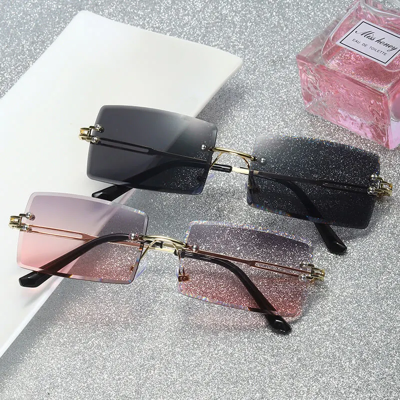 Fashion Square Rimless Design Sunglasses for Women Metal Frame Resin Lens