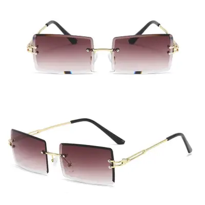 Fashion Square Rimless Design Sunglasses for Women Metal Frame Resin Lens
