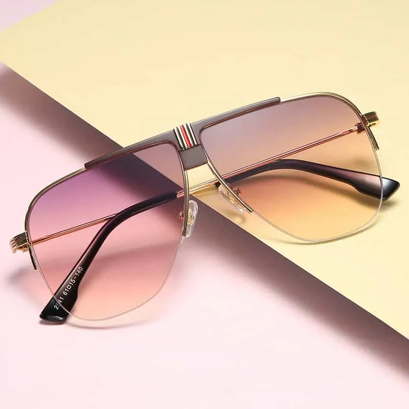 Fashion Rimless Design Big Lens PC Resin Sunglasses Metal Frame