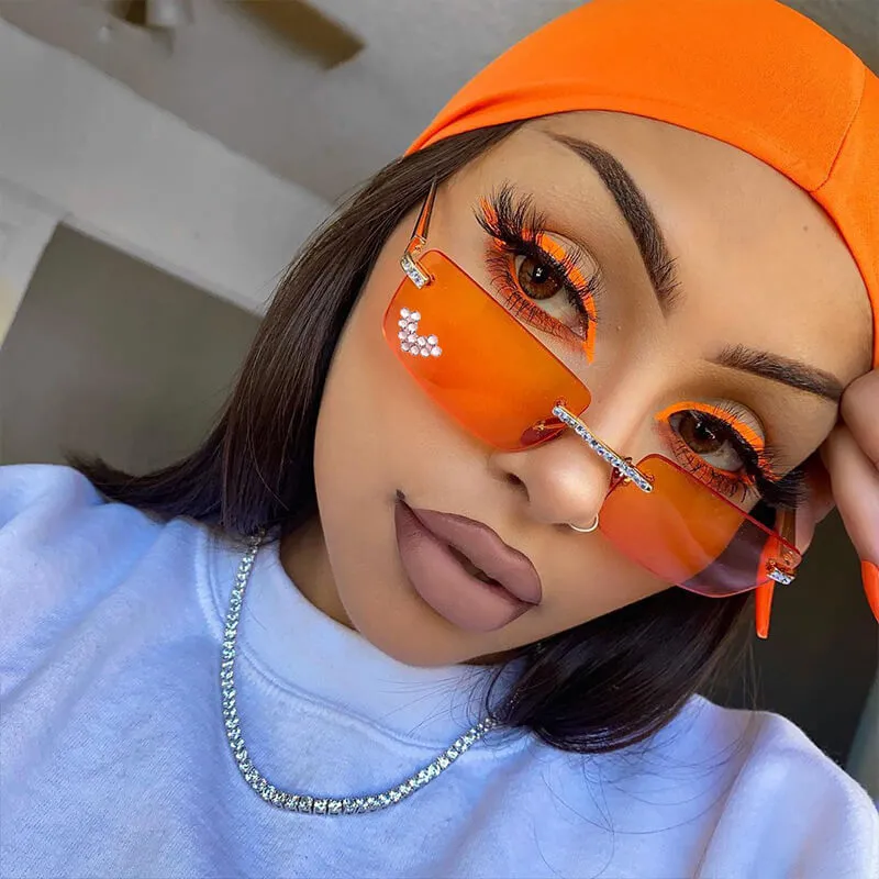 Fashion Rimless Rhinestone Decoration Square Sunglasses