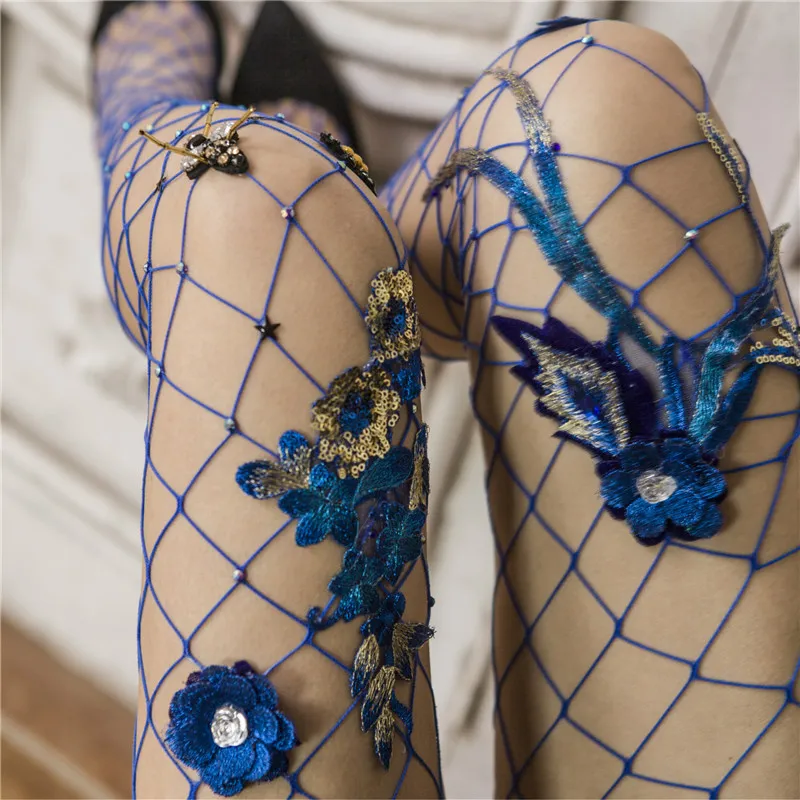 Woman Sexy Fishnet Stockings Flower Design Pantyhose
