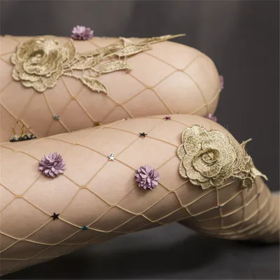 Woman Sexy Fishnet Stockings Flower Design Pantyhose