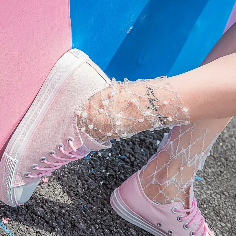 Woman Fashionable Pearl Decor Mesh Sheer Socks