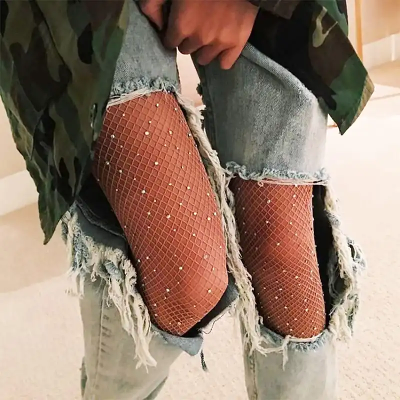 Women Sexy Starry Rhinestone Decor Fishnet Pantyhose