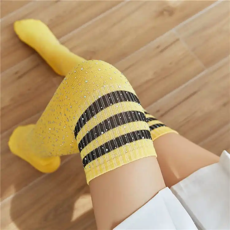 Women Fashion Color Blocking Over The Knee Stripe Socks