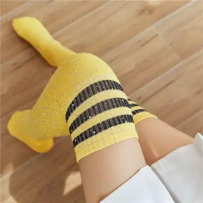 Women Fashion Color Blocking Over The Knee Stripe Socks