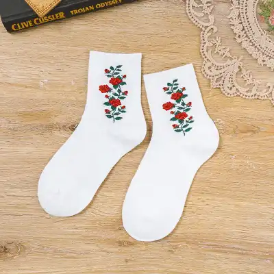 Retro Sunflower Rose Pattern Breathable Cotton Socks